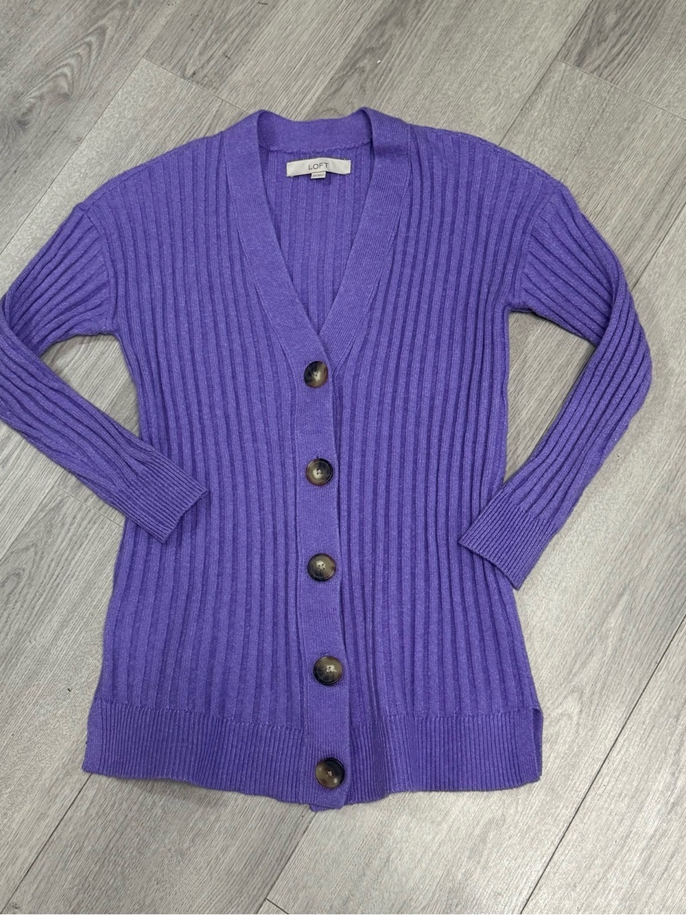 LOFT Violet Purple Ribbed Button-Front V-Neck Cardigan Sweater XS